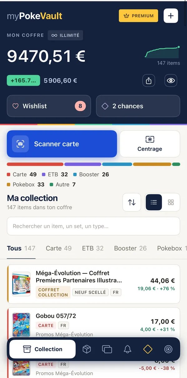 Écran myPokeVault listant une collection scannée avec valeur totale et détail par carte