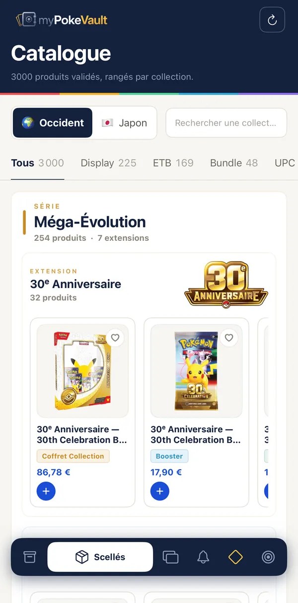 Catalogue myPokeVault des produits scellés Pokémon classés par série et extension